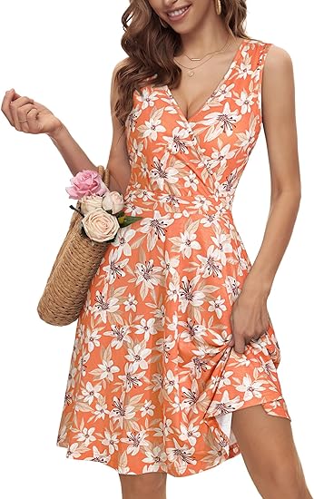 beautiful orange sundress made from natural material with a flower print