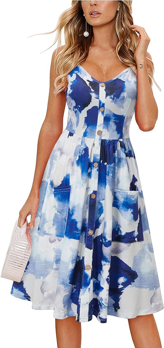 beautiful white and blue sundress made from natural material with an abstract print