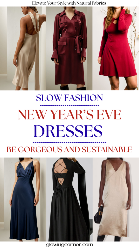 a collection of stunning yet sustainable slow fashion holiday outfits winter, featuring eco-friendly new years eve dresses perfect for a new years eve party or Christmas party, styled with a chic and festive holiday outfit aesthetic.